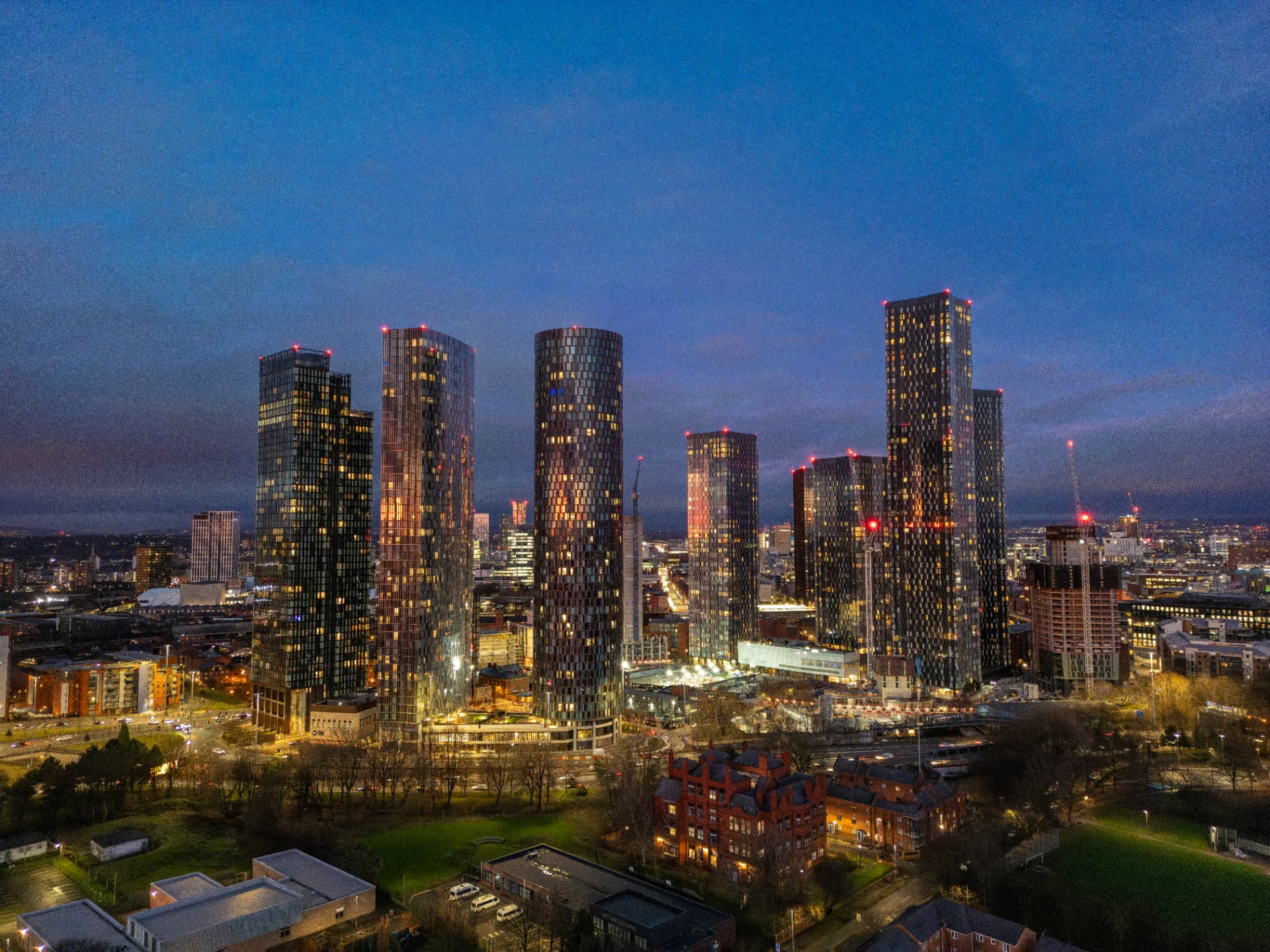 Manchester residential towers at dusk